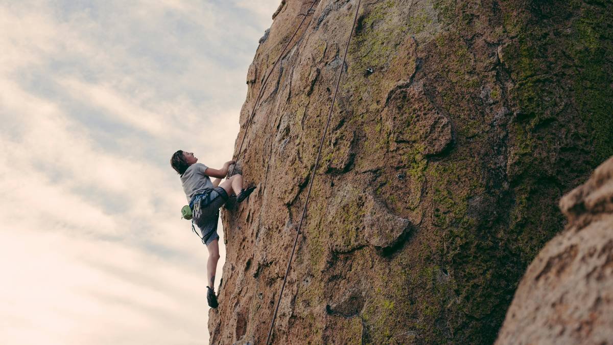 Close-up of properly equalized anchors for rock climbing using quad system