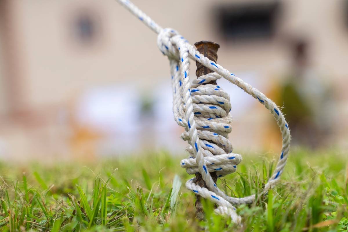 Close-up of a properly built rock climbing rope anchor with two bolts, slings, and a master point carabiner